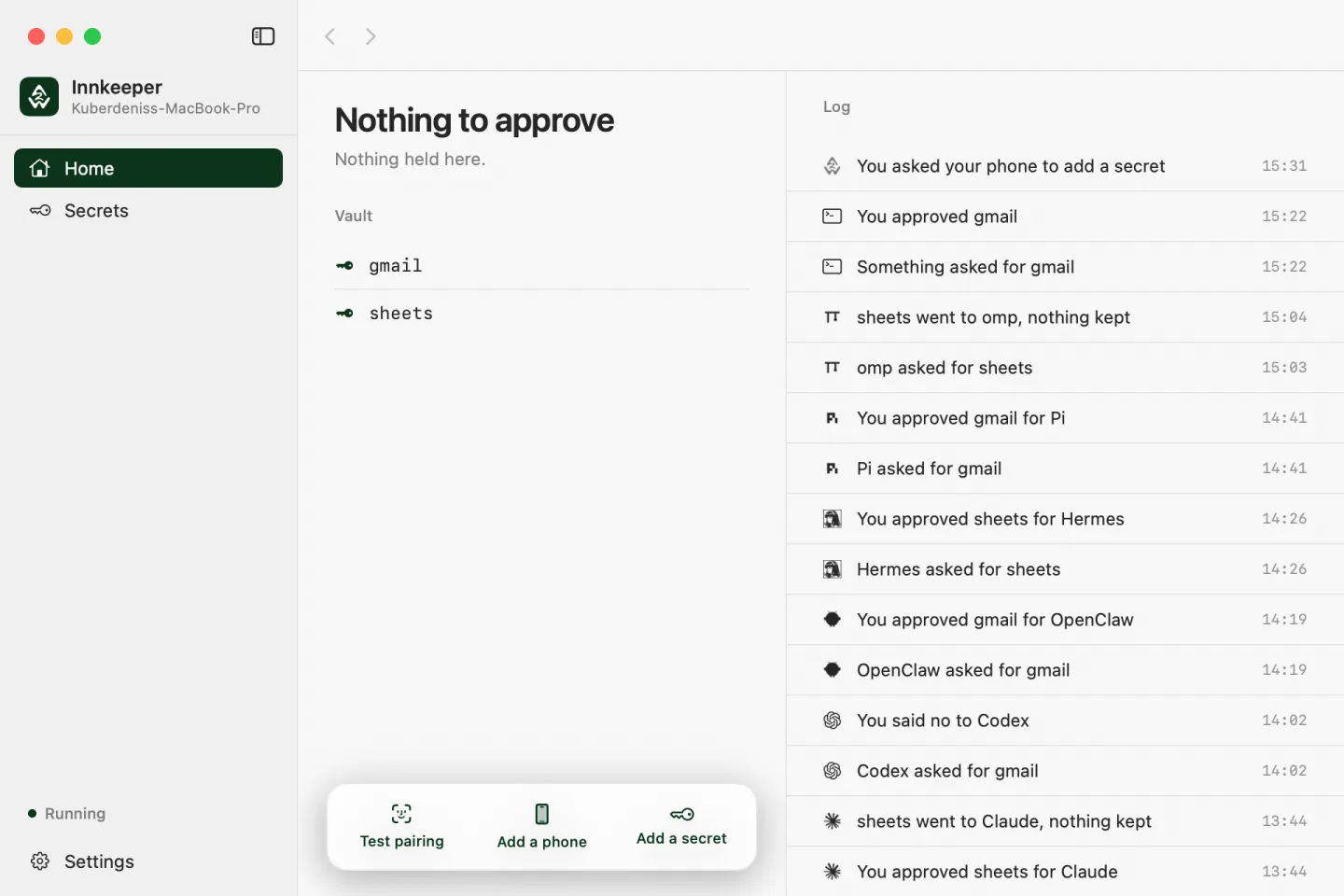 A crop of the Mac Home screen showing credential names and the request log.