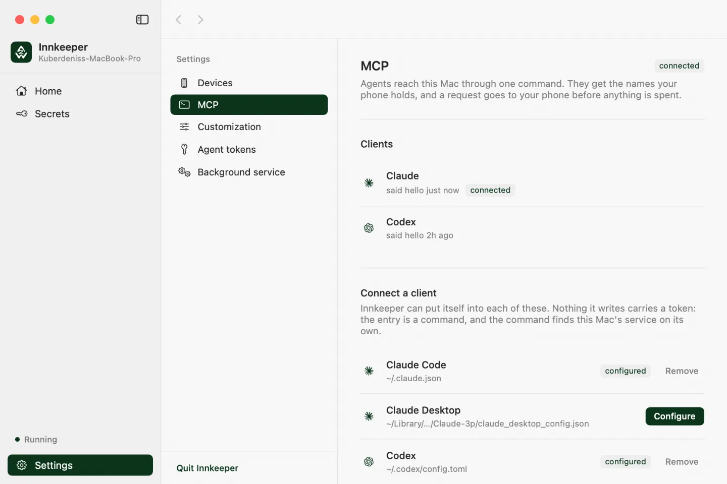 A crop of the Mac MCP settings showing agent configuration controls.